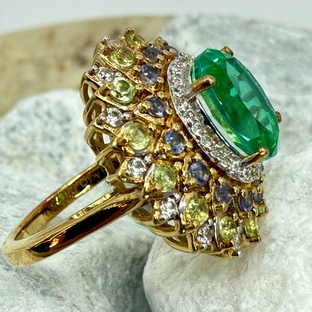 NWT Peacock Quartz Multi-Gem Dahlia Floral Ring Vermeil Gold over 925 4.15ctw